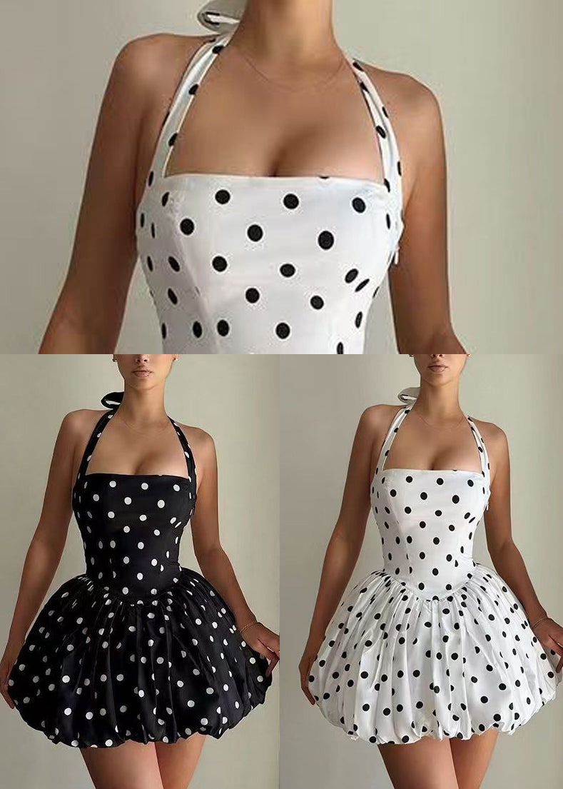White Dot Halter Chiffon Tea Dress Backless Summer