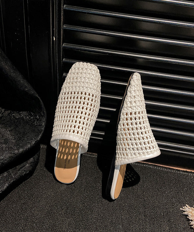 White Faux Leather Boutique Hollow Out Weave Slide Sandals