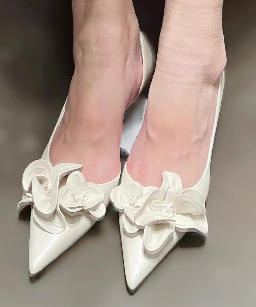 White Floral Splicing Women Kitten Heels Shoes Pointed Toe