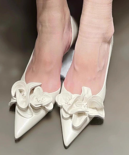 White Floral Splicing Women Kitten Heels Shoes Pointed Toe