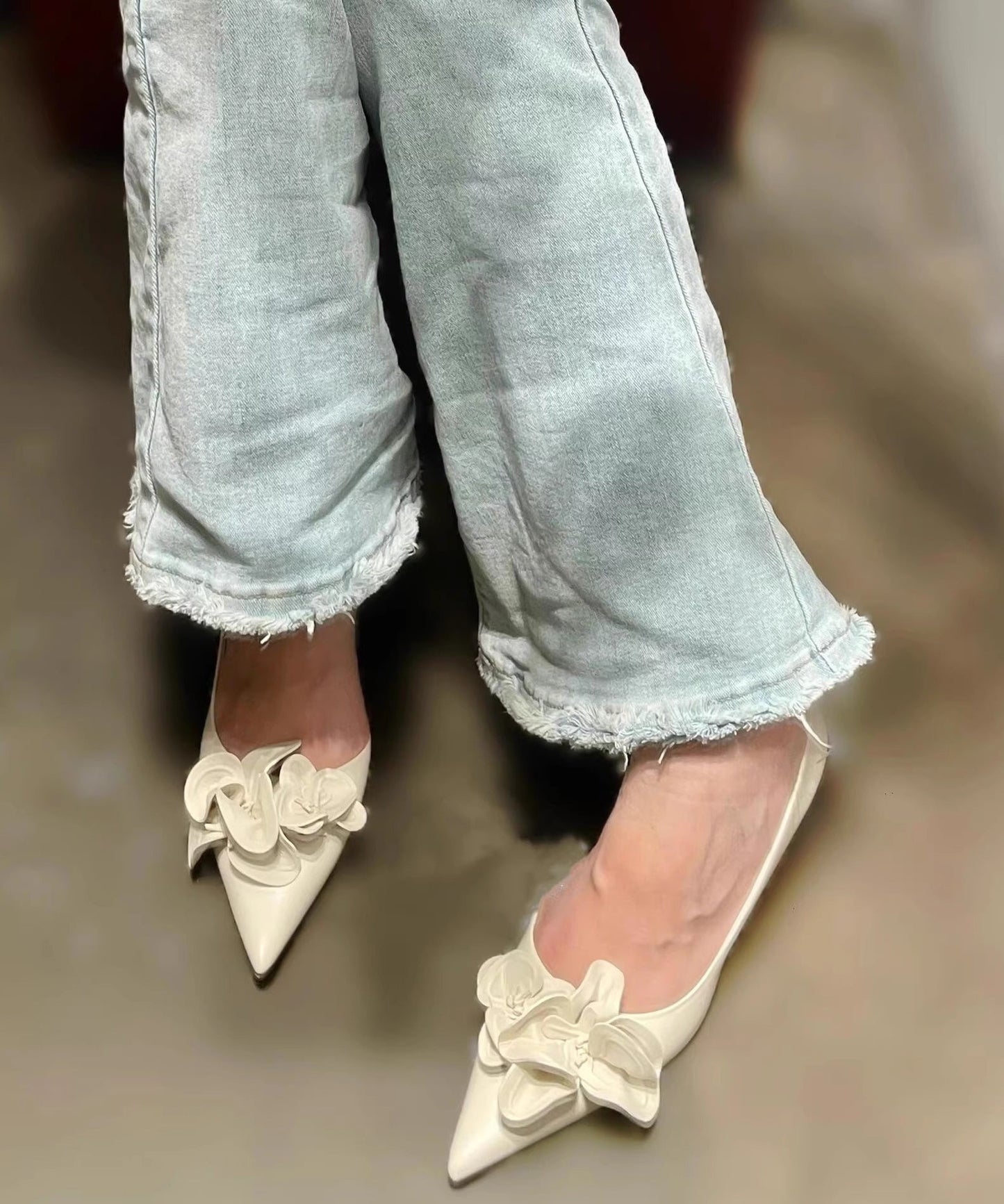 White Floral Splicing Women Kitten Heels Shoes Pointed Toe