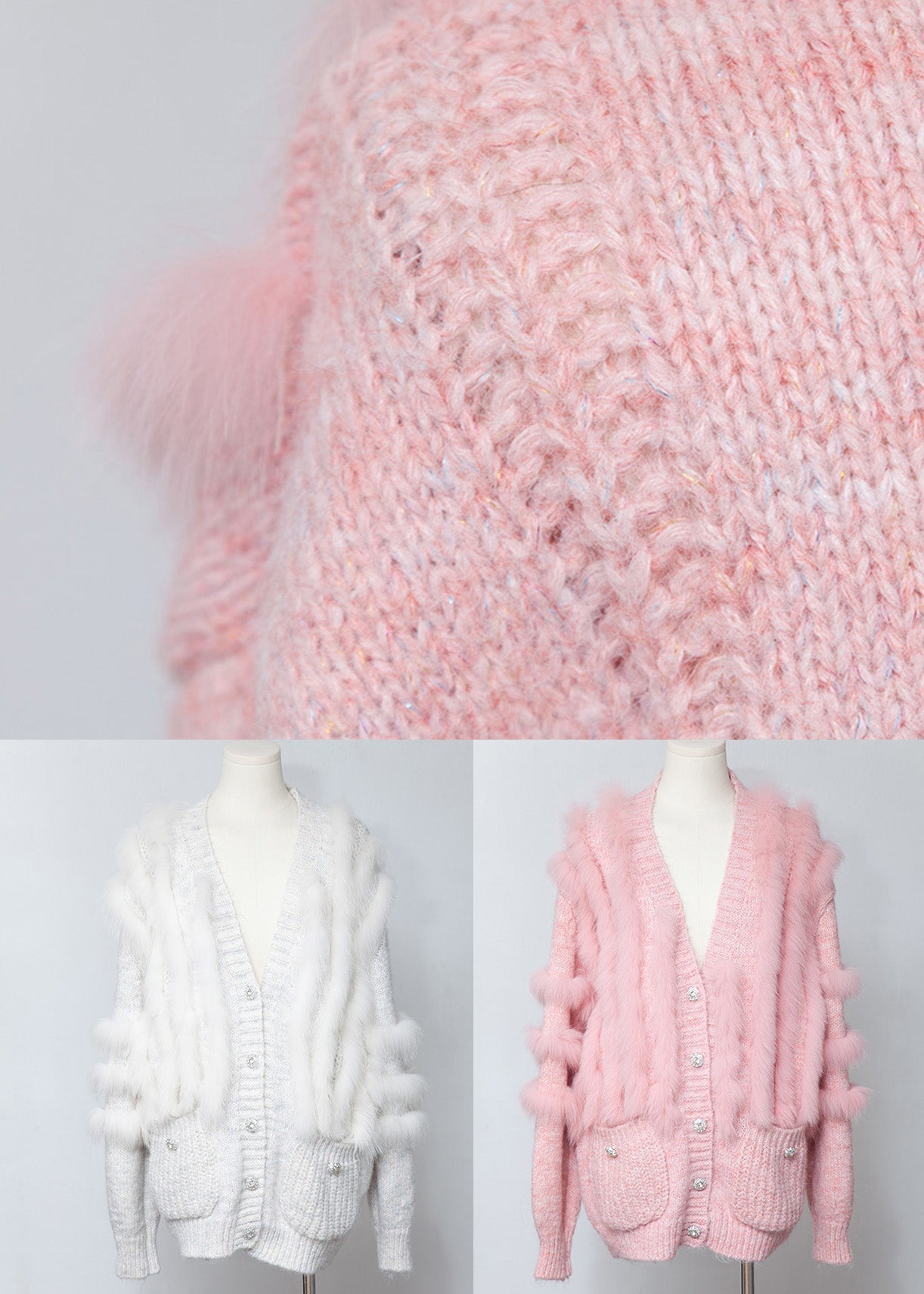 Strickjacke aus Wolle mit V-Ausschnitt und Taschen aus weißem Fuchsfell-Patchwork