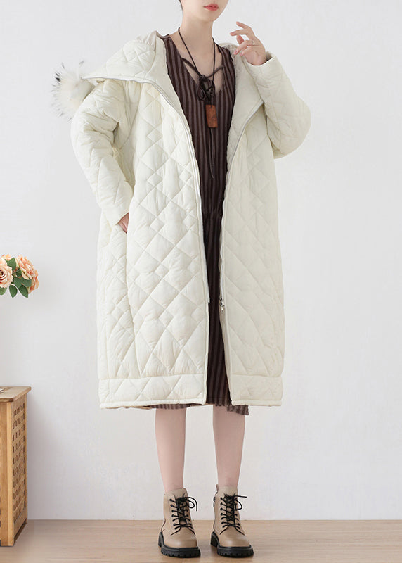 Weißer Pelzkragen Reißverschluss Dicker Parka mit Kapuze Winter