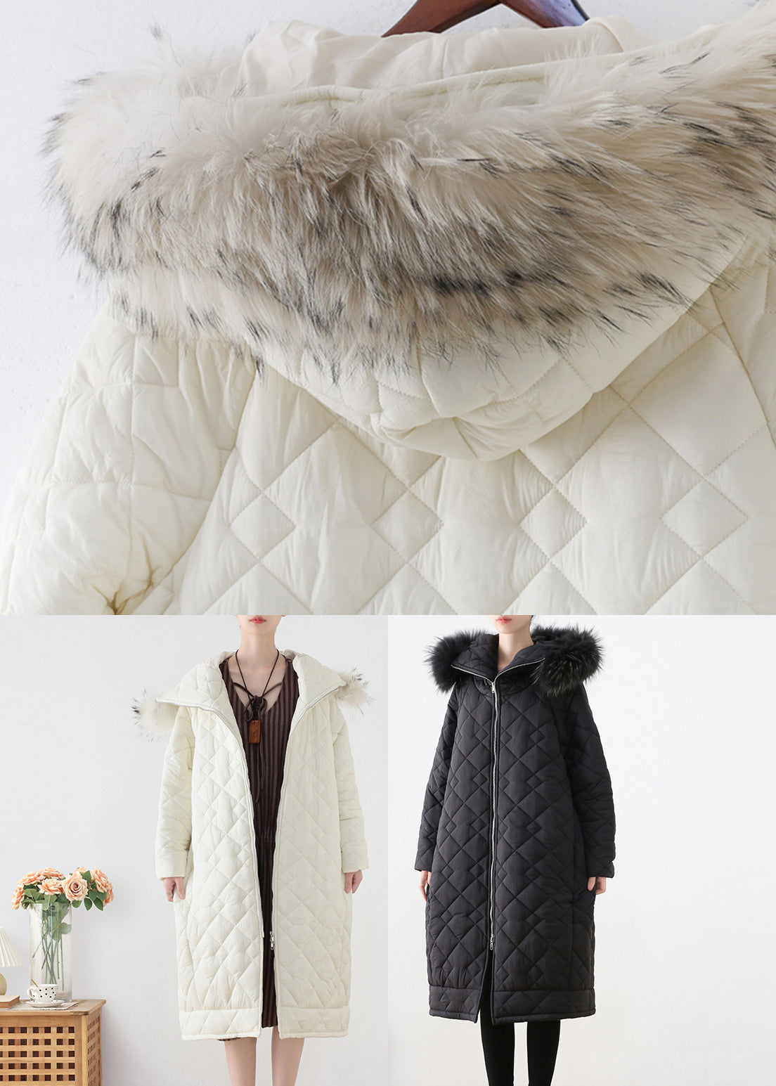 Weißer Pelzkragen Reißverschluss Dicker Parka mit Kapuze Winter