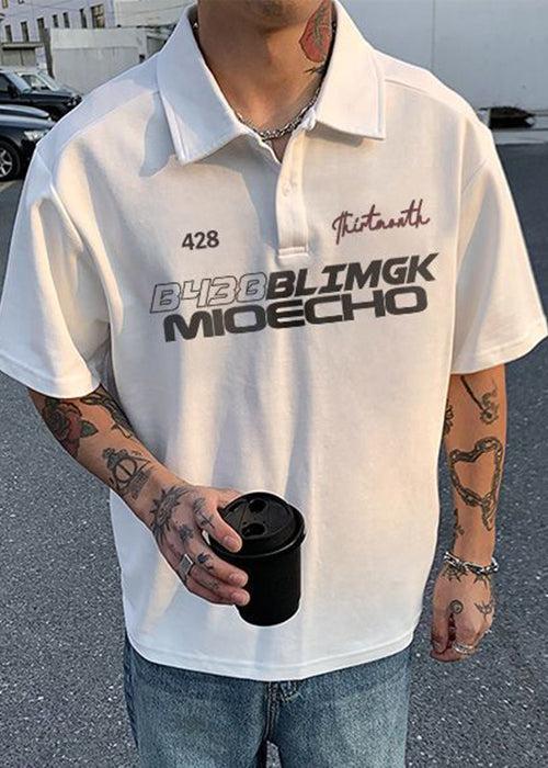 White Letter Button Cotton Mens Polo Shirts Casual Summer