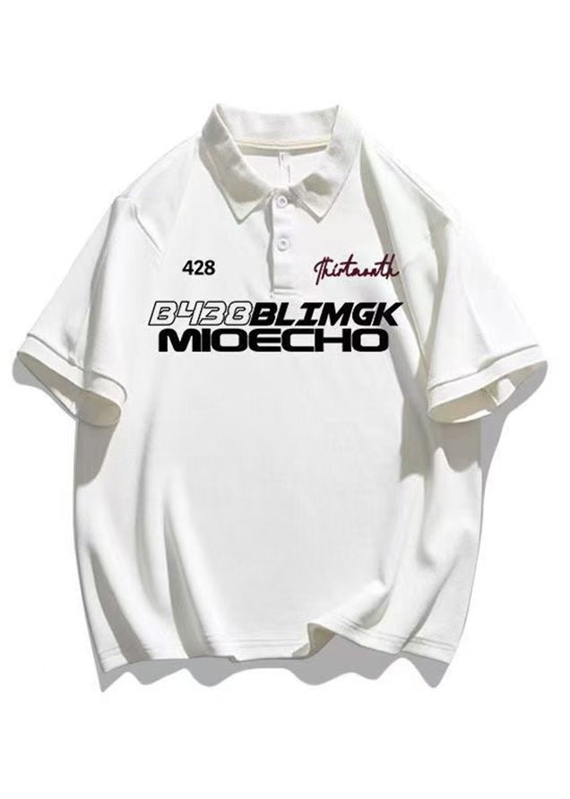 White Letter Button Cotton Mens Polo Shirts Casual Summer