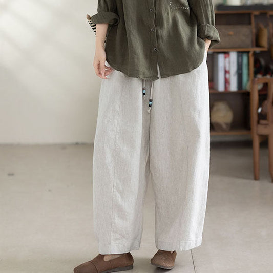 White Linen Harem Pants Oversized Elastic Waist Summer