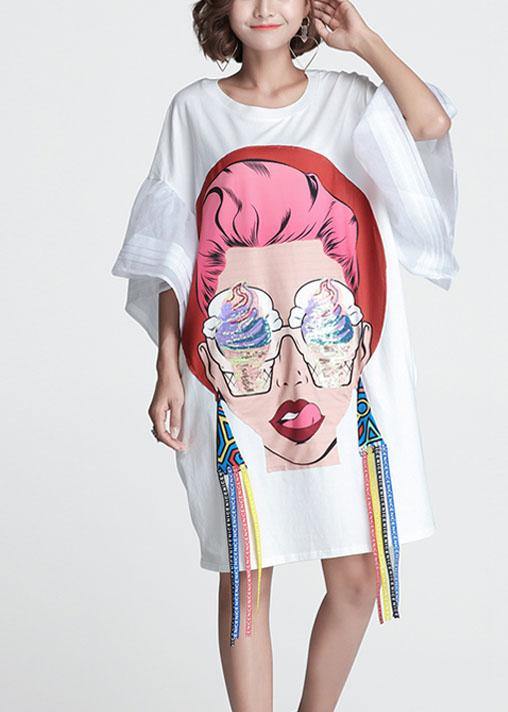 White O-Neck Flare Sleeve Print Summer Vacation Dress - SooLinen