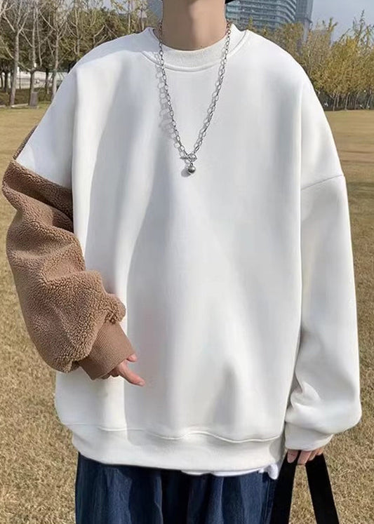 White Patchwork Teddy Faux Fur Mens Sweatshirts O Neck