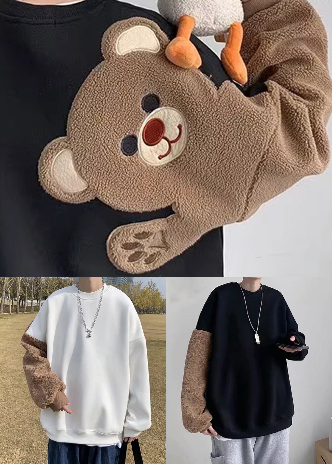 White Patchwork Teddy Faux Fur Mens Sweatshirts O Neck