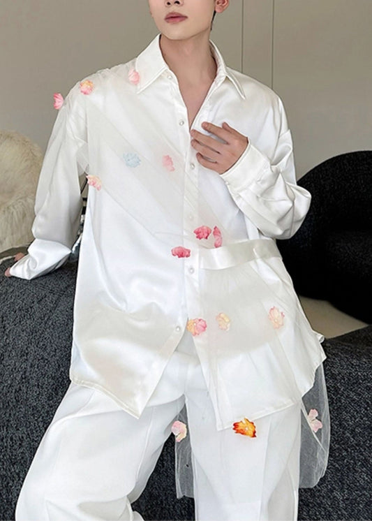 White Patchwork Tulle Men Casual Clothing Oversized Flower Fall