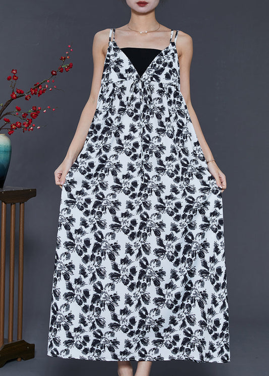 Weiß Print Chiffon Spaghettiträger Kleid Extra Großer Saum Sommer