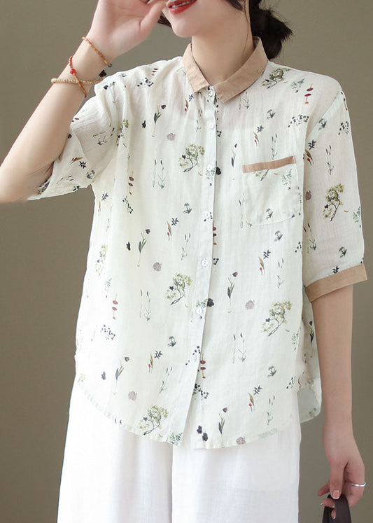 Blusas de lino con cuello Peter Pan y estampado patchwork blanco para verano