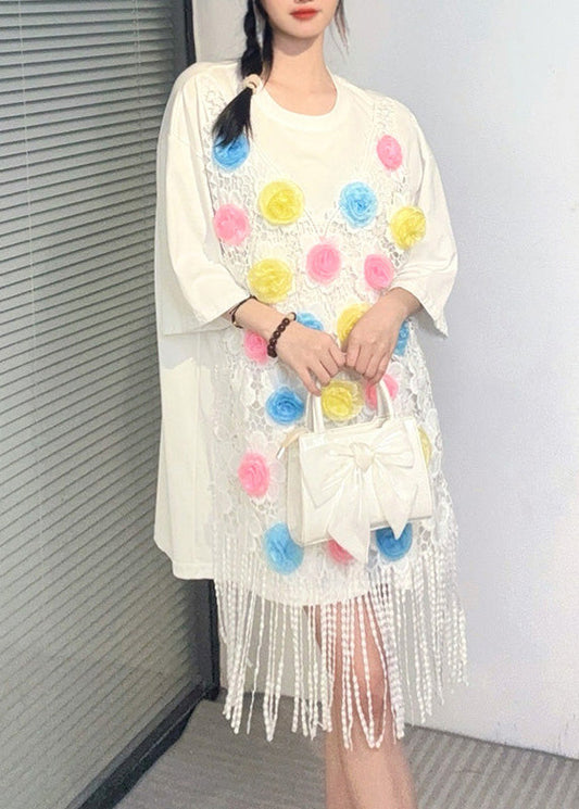 Weißes Print-Quasten-Mittelkleid mit kurzen Ärmeln