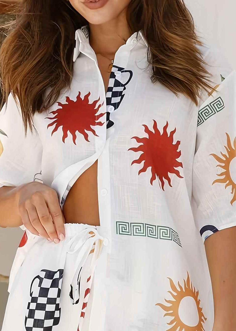 White Printed Shirt And Shorts Collar Set For Women