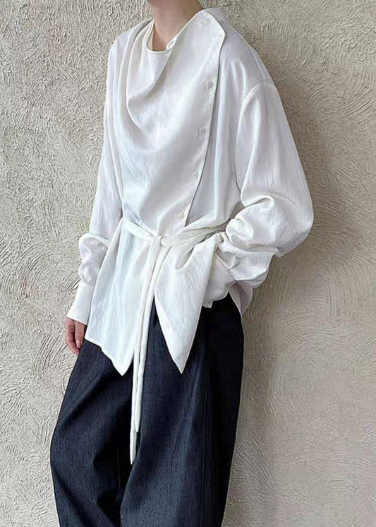 White Stand Collar Button Solid Shirts Lantern Sleeve