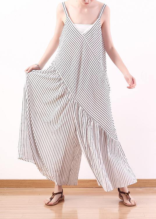 White Stripe Suspender Large Chiffon Jumpsuit Wide Leg Pants Summer - SooLinen