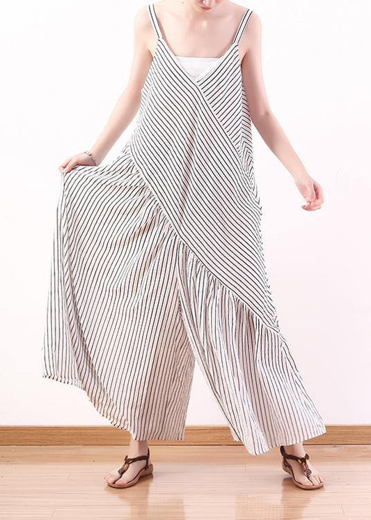 White Stripe Suspender Large Chiffon Jumpsuit Wide Leg Pants Summer - SooLinen