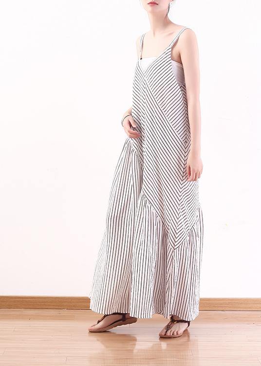 White Stripe Suspender Large Chiffon Jumpsuit Wide Leg Pants Summer - SooLinen