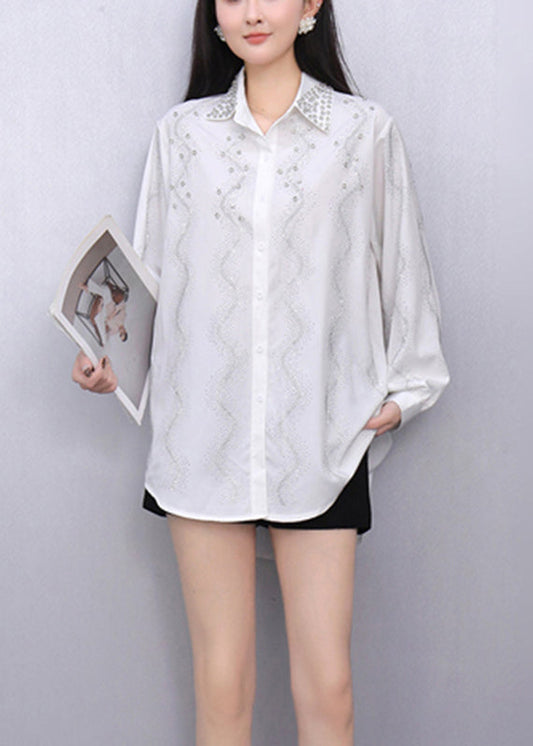 White Striped Nail Bead Button Shirts Fall