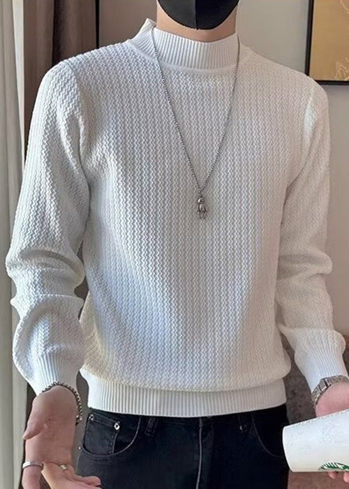 White Striped Solid Knit Sweaters Men Winter Turtleneck