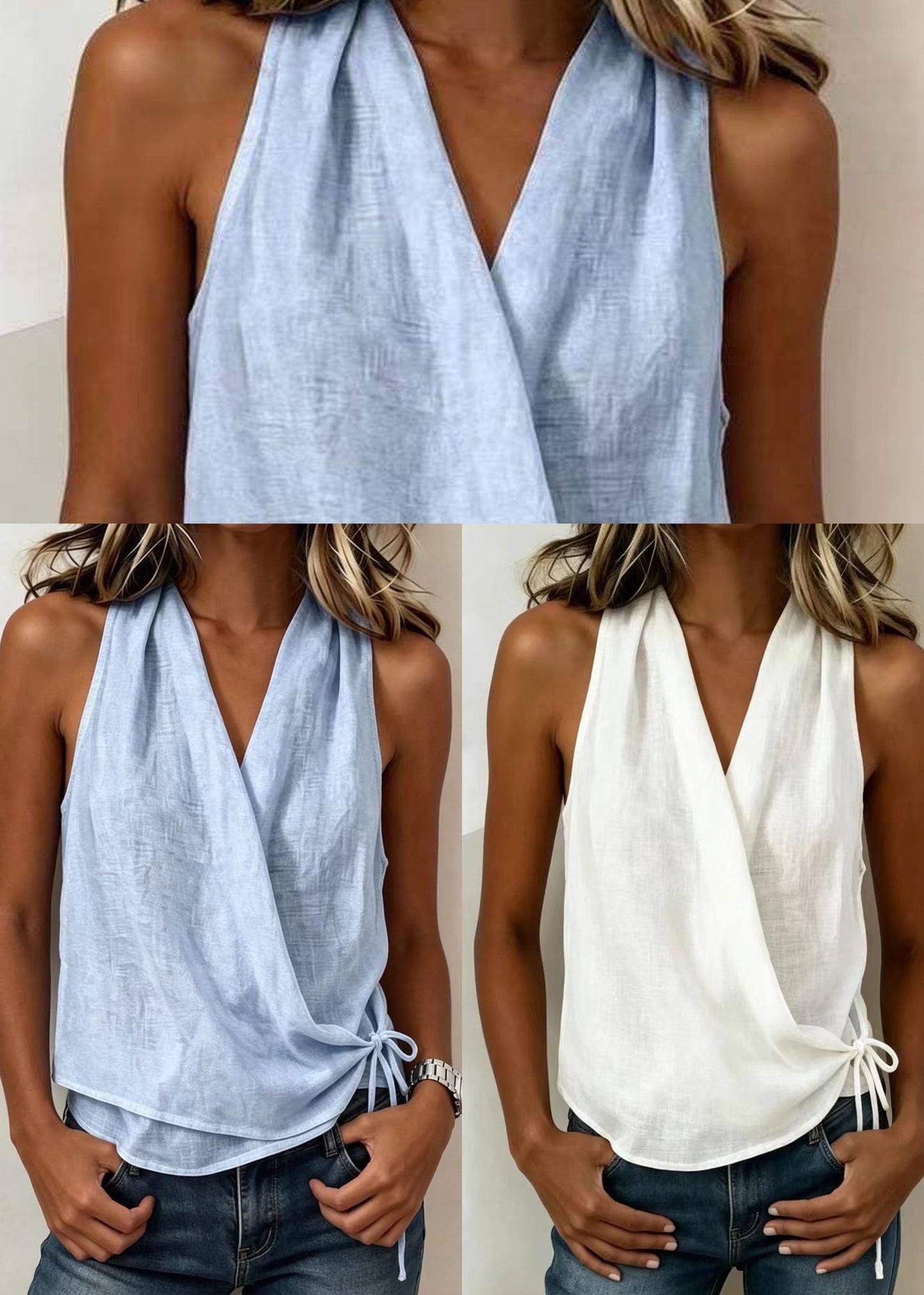 White Tank Tops V Neck Lace Up Sleeveless