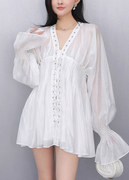 White Wrinkled Tie Waist Solid Chiffon Shirt Fall