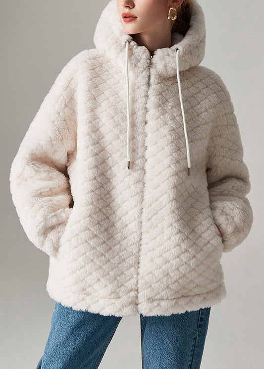 White Zippered Pockets Woolen Winter Coats Hooded
