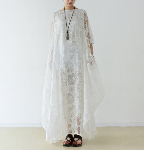 Weiße Rosen Chiffon Maxikleider lange Tüll Kaftane Oversize Kleid
