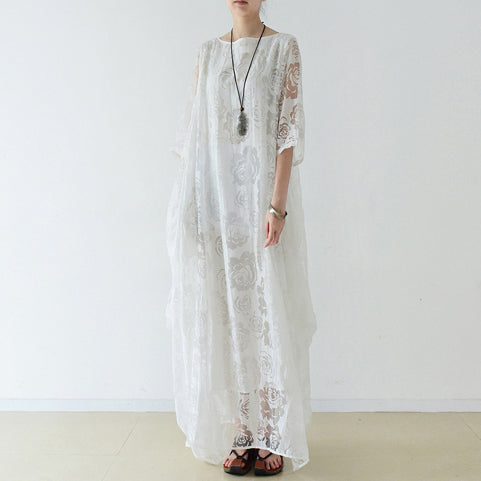 Weiße Rosen Chiffon Maxikleider lange Tüll Kaftane Oversize Kleid