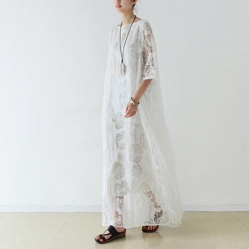 Weiße Rosen Chiffon Maxikleider lange Tüll Kaftane Oversize Kleid