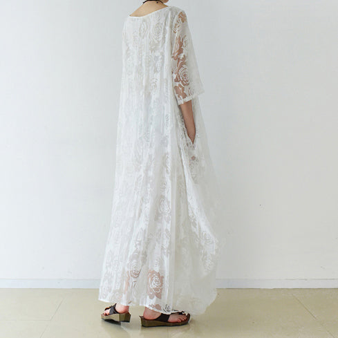 Weiße Rosen Chiffon Maxikleider lange Tüll Kaftane Oversize Kleid