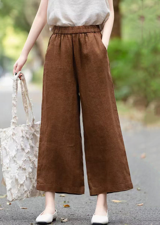 Wine Red Solid Linen Summer Crop Pants Elastic Waist