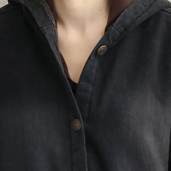 Winter Schwarz Hoodie Kurze Casual Denim Mantel Frauen Lose Jacke
