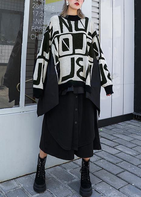 Winter black knitted t shirt casual o neck patchwork knit sweat tops - SooLinen