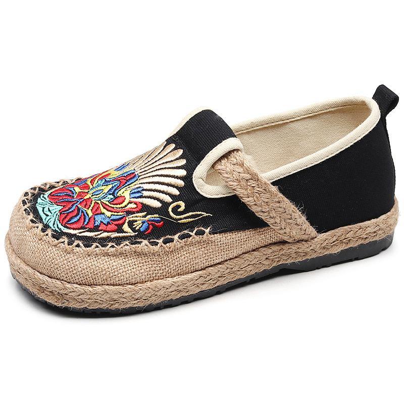 Women Flats Black Embroideried Cotton Fabric Flats Shoes - SooLinen