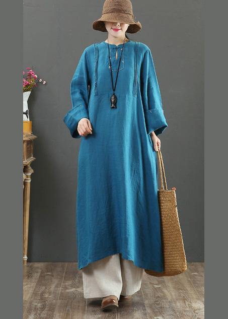 Women Stand Collar Pockets Spring Clothes Women Work Navy Long Dress - SooLinen