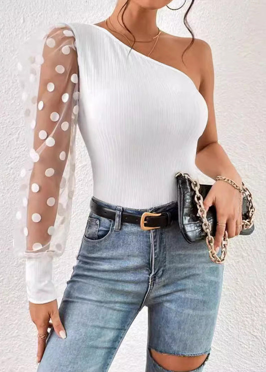 Women 2025 Black Shoulder Single Sleeved Patchwork Top