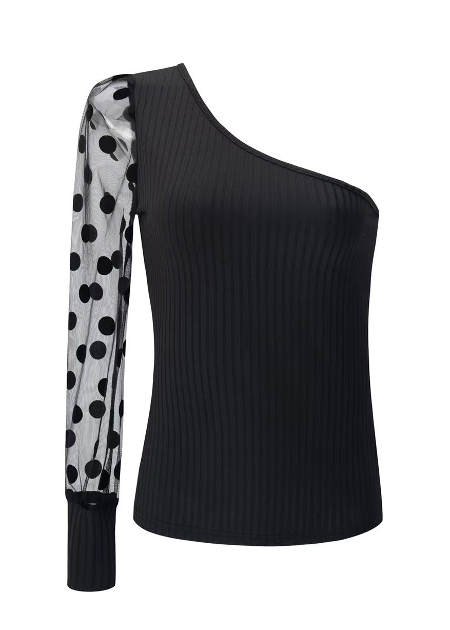 Women 2025 Black Shoulder Single Sleeved Patchwork Top