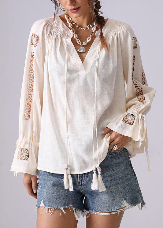 Women Apricot Hollow Out Lace Up Shirt Flare Sleeve