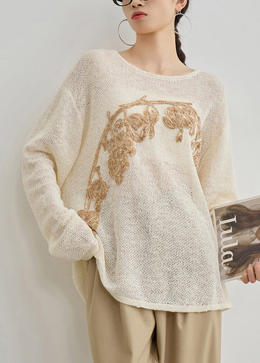 Women Apricot O Neck Embroidered Knit Top Fall