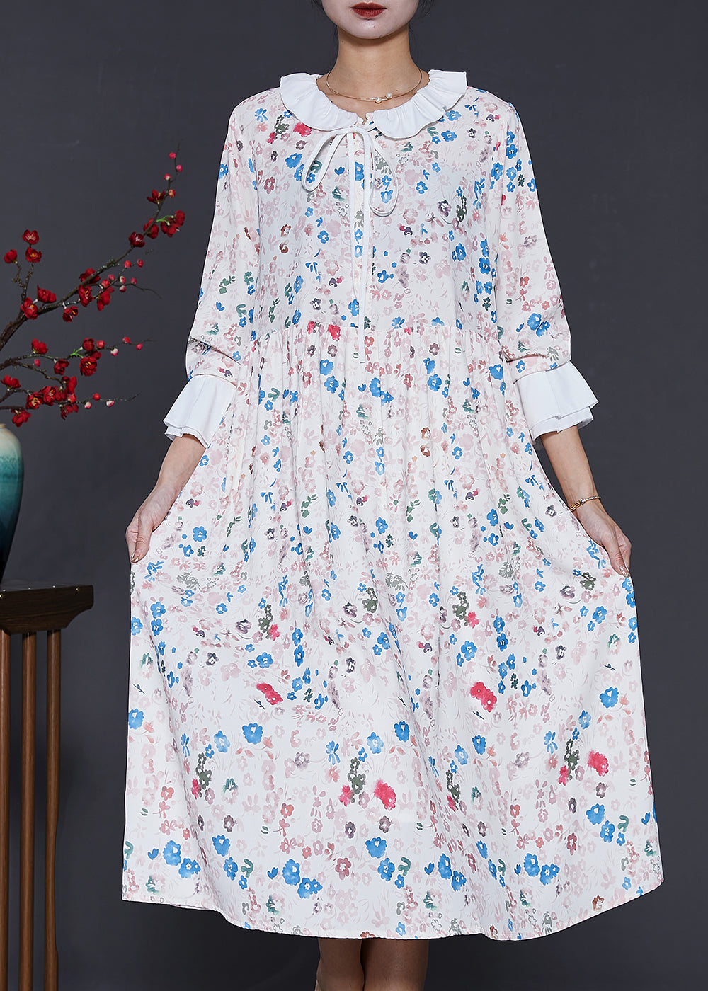 Frauen Apricot Peter Pan Kragen Print Baumwolle Kleider Frühling