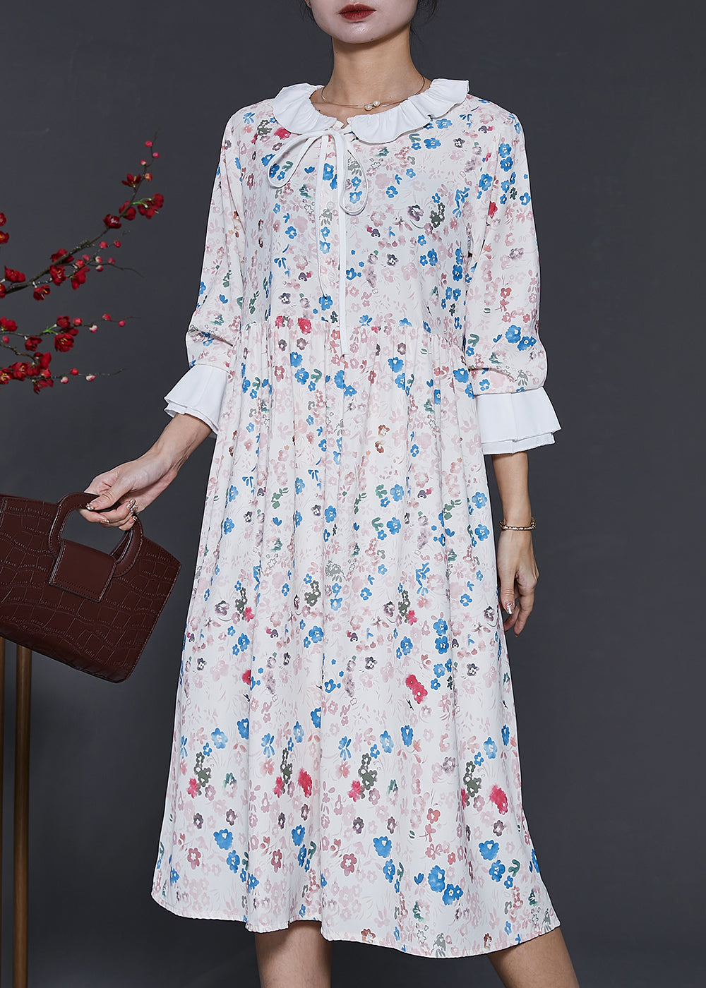 Frauen Apricot Peter Pan Kragen Print Baumwolle Kleider Frühling