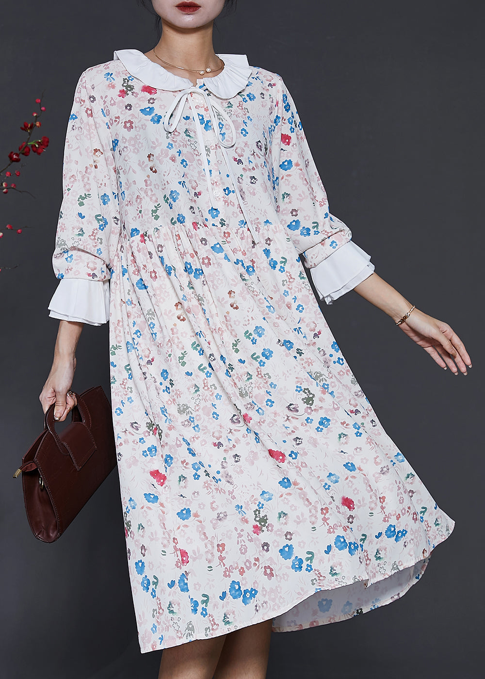 Frauen Apricot Peter Pan Kragen Print Baumwolle Kleider Frühling