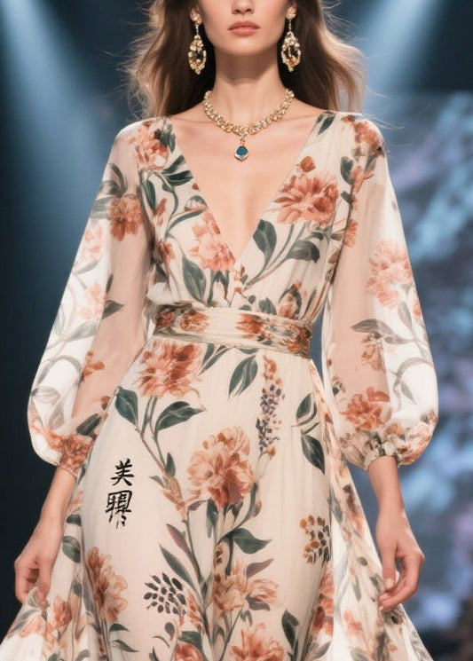 Women Apricot Print Chiffon Long Dress Exra Large Hem Summer