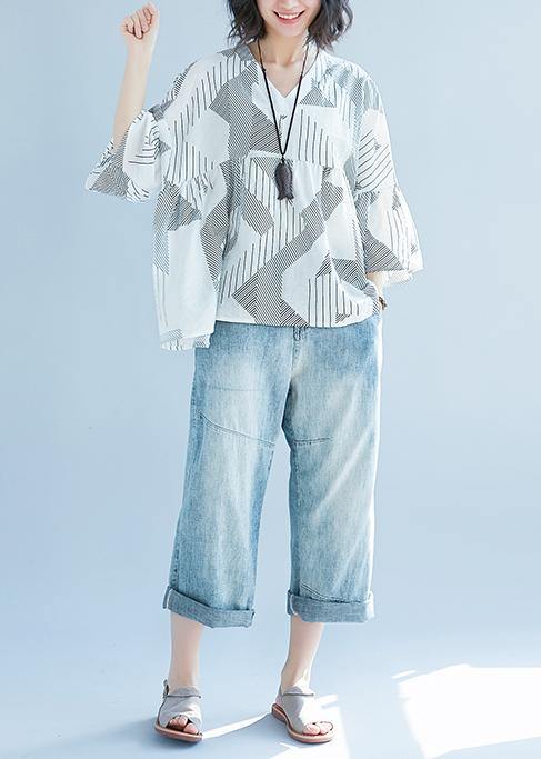 Women Batwing Sleeve v neck cotton Shirts Pakistani Shape white striped baggy shirts Summer - SooLinen