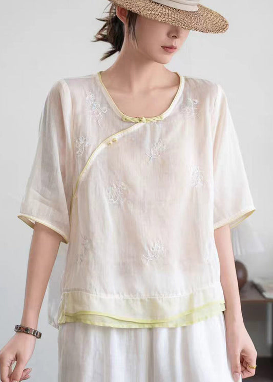 Women Beige Embroidered Patchwork Linen Oriental Shirt Summer