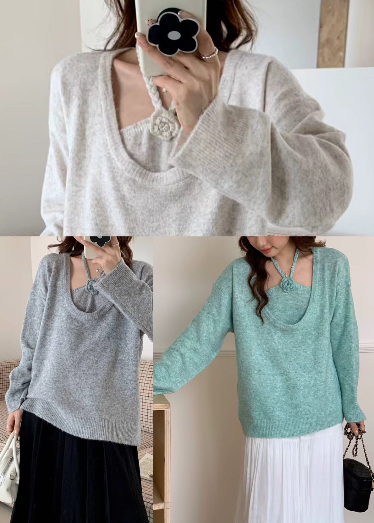 Women Beige Oversized Floral Knitted Tops Two Piece Suit Set Winter