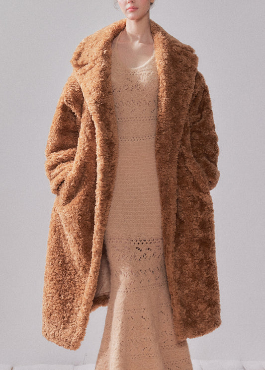 Abrigos largos de piel sintética con bolsillos y cuello Peter Pan en beige para mujer para invierno