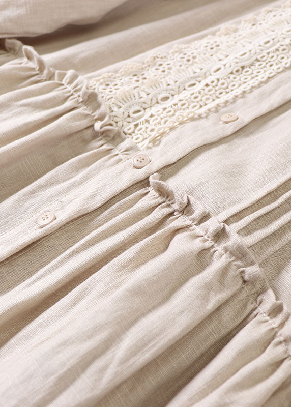 Women Beige Peter Pan Collar Ruffled Linen Dress Spring